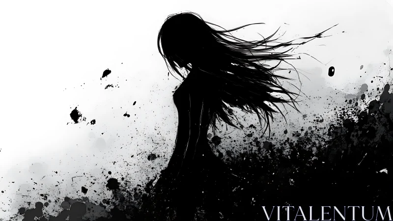 Inkborn silhouette drifting through a storm of splatters.