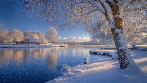 Snow-laden lakeside panorama captures golden hour reflection