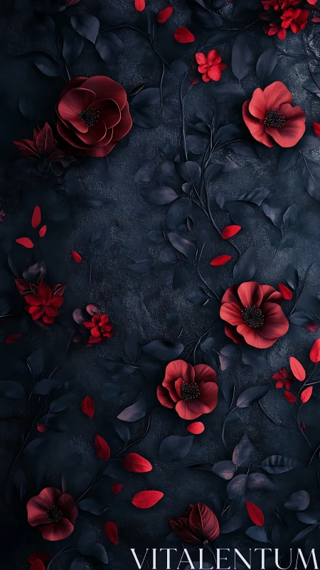 Red Poppies Against Dark Stone: Moody Floral Composition.