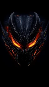 Cyberpunk molten-dragon helm in symmetrical 3D profile.