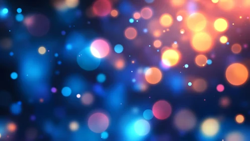 Vibrant bokeh lights on dark blue abstract background, digital art.