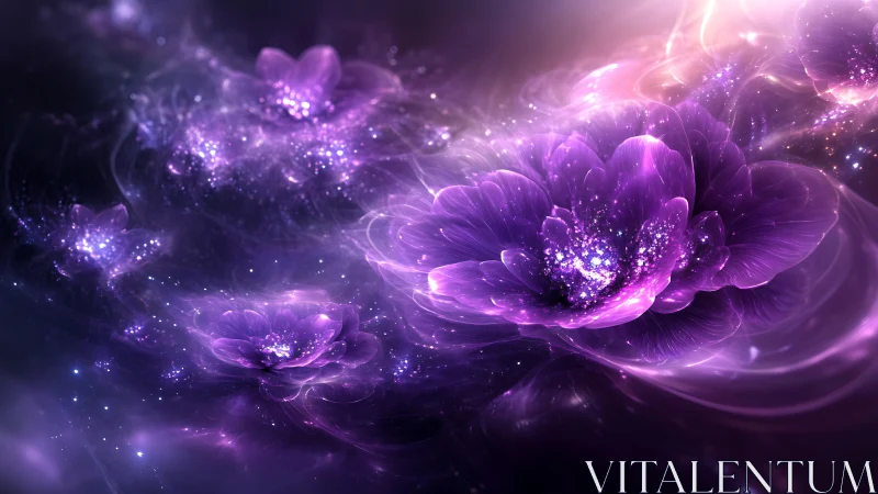 Luminous purple blossoms drifting through a dreamy galaxy.