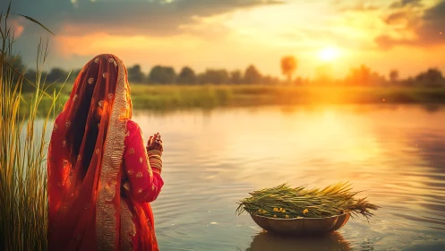 Woman in traditional attire performing river ritual at sunset.