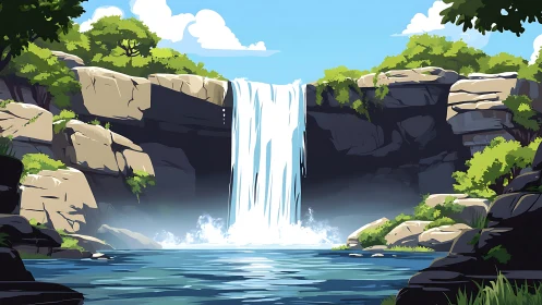 Vector-stylized cliff waterfall with high-contrast foliage rendering.