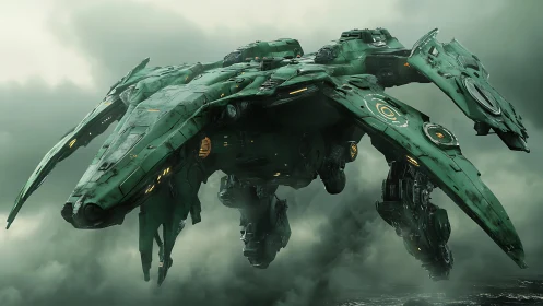Heavy assault dropship in stormy atmosphere, green armor