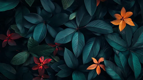 High-contrast foliage study with saturated teal leaves and neon blooms