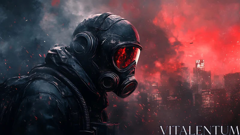 Postapocalyptic soldier in gas mask over burning cityscape.