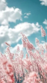 Tall pink grasses extend upward beneath a bright sky