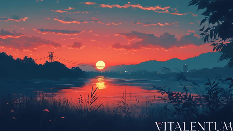 Digital painting sunset over river with silhouetted foliage framing.