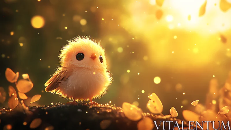 Fluffy Cartoon Chick in Glowing Sunrise Fantasy Art Style.