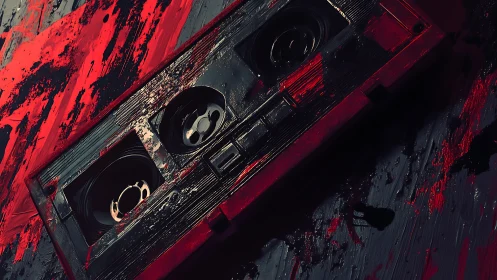 Retro VHS cassette glows against abstract red strokes.