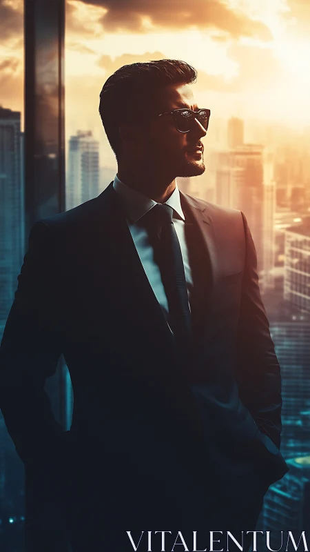 Sunlit city view frames a confident man in sharp suit