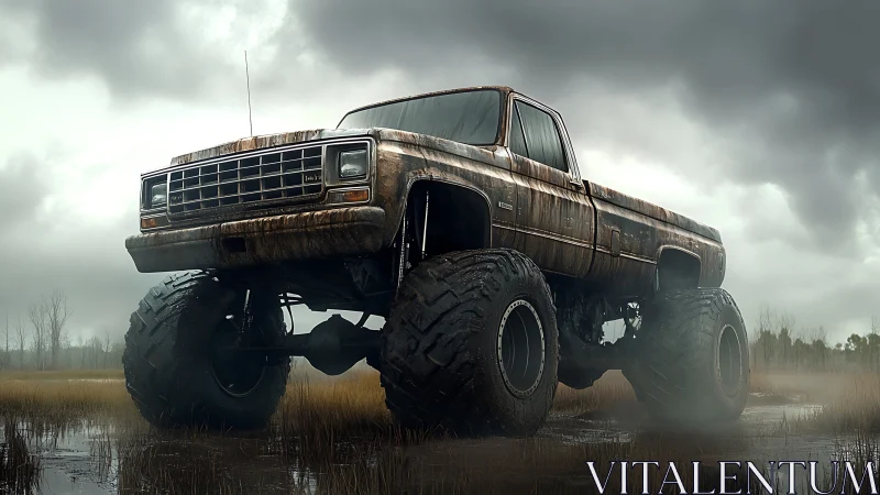 Lifted muddy pickup truck in flat overcast wetland setting.