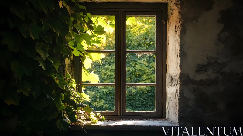 Old stone window frame shows dense exterior foliage view