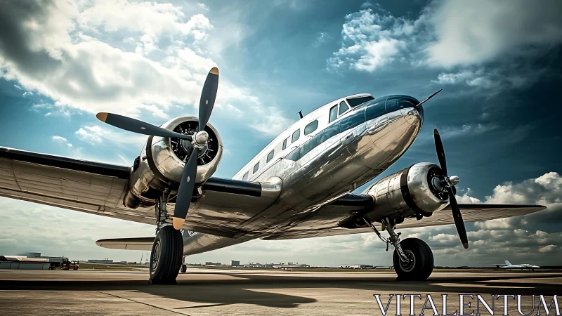 Polished vintage propeller airliner rests on sunlit tarmac.