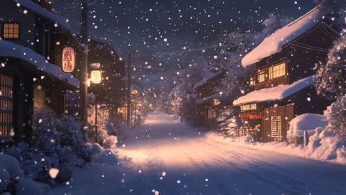 Snow-laden Japanese street rendered with volumetric light scattering