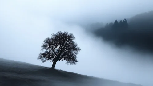 Solitary hillside tree in blue-toned atmospheric fogscape.