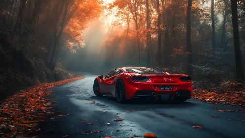 Red sports car on wet forest road under autumn foliage.