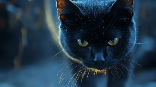 Black Cat Portrait with Golden Eyes and Atmospheric Illumination.