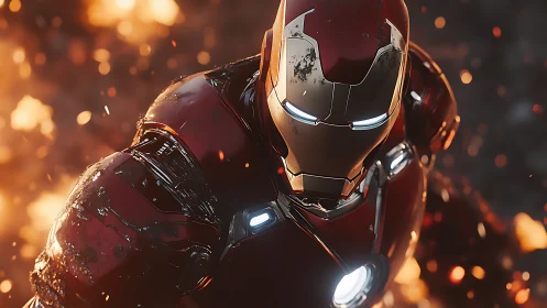 Armored red and gold humanoid figure amid flying fire sparks