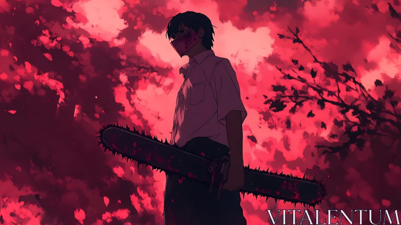 Storm-lit teen stands ready with chainsaw in red dusk