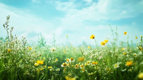 Photorealistic wildflower meadow under expansive spring sky.