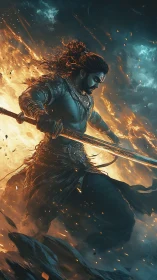 Warrior with sword strides through fire and storm clouds