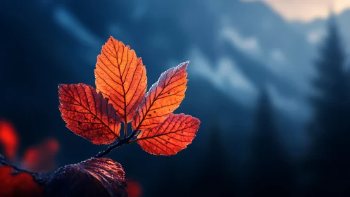 Backlit crimson leaves in shallow focus against misty forest