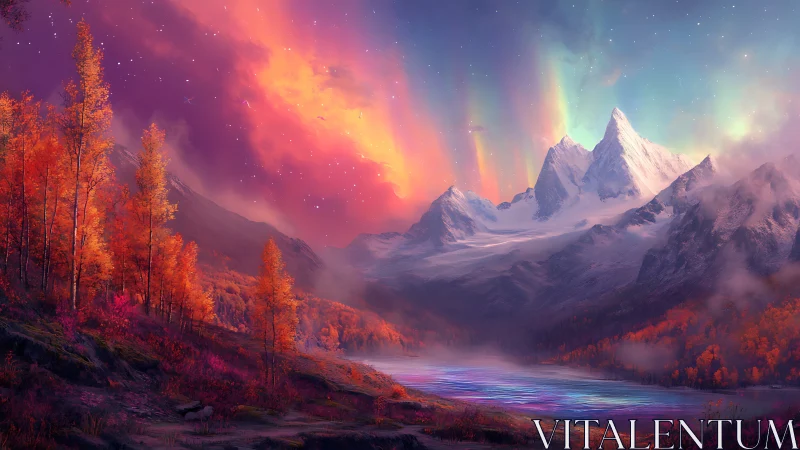 Aurora-lit alpine peaks above iridescent autumn valley lake.