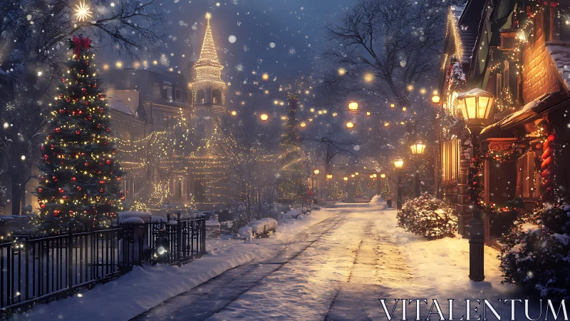 Snowlit Christmas lane humming with warm windowlight hush.