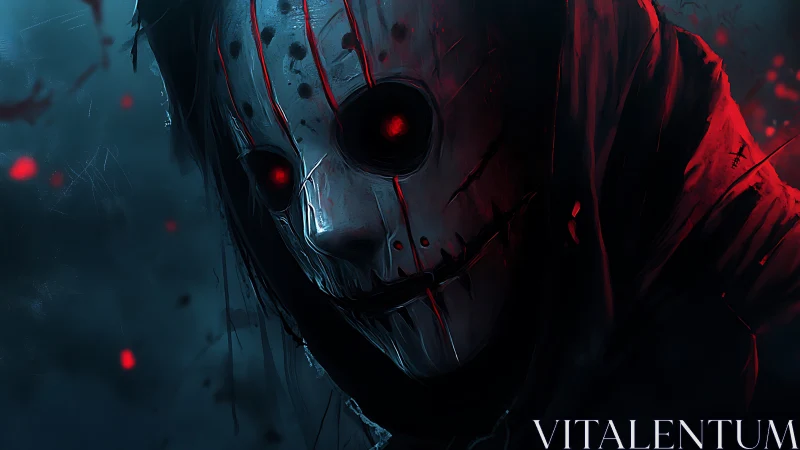 Hooded skull mask figure with glowing red eyes at night.