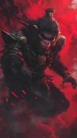 Armored simian warrior advances through dense red vapor