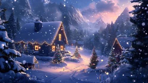 Snowy alpine village with glowing Christmas cottages.