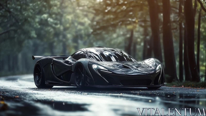 High-performance sports car is parked on wet forest road