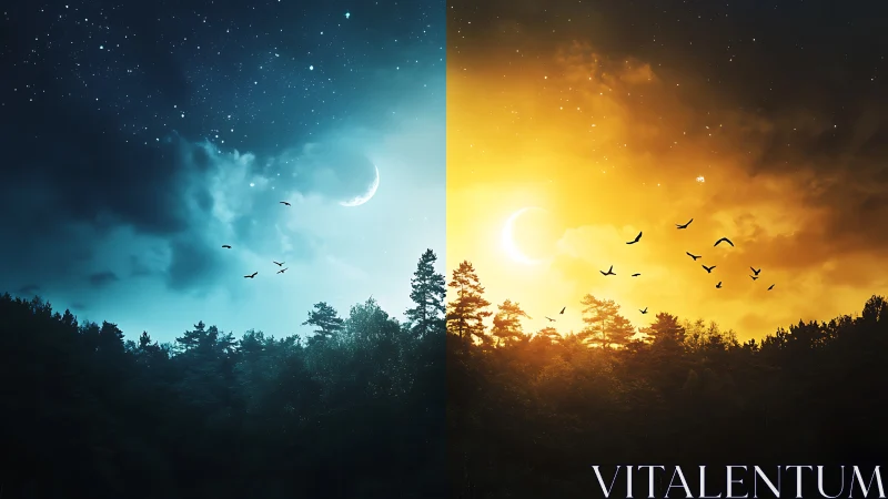 Twin skies collide where midnight meets blazing dawn.