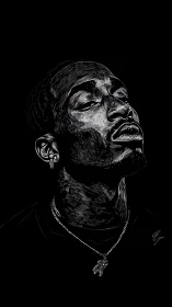 Monochrome line portrait of man in reflective pose.