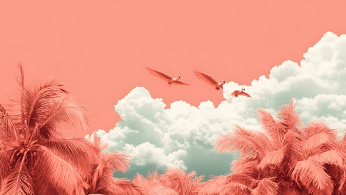 Tropical palm trees and birds under stylized coral sky.