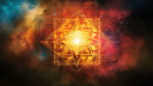Radiant geometric star ignites within a cosmic nebula glow