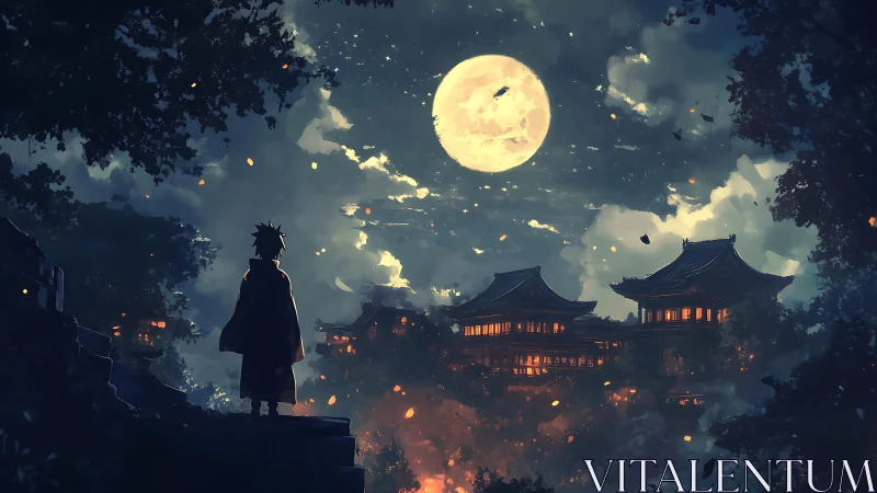 Moonlit hillside wanderer gazing toward glowing temples.