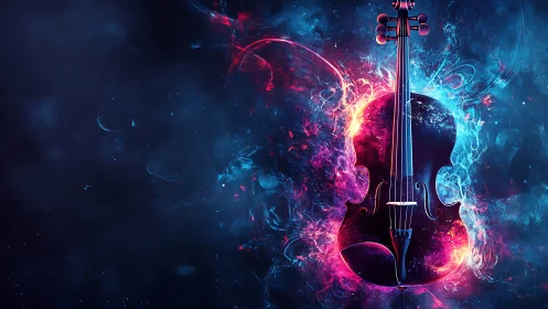 Neon-lit violin silhouette encircled by dual color plasma energy