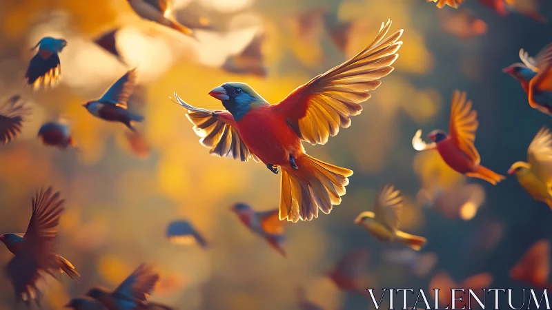 Vivid Red Cardinal in Flight Amid Autumn Birds, Digital Art Scene.