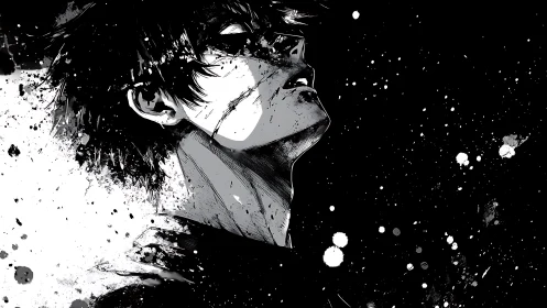 Gritty monochrome anime portrait gazes upward through chaos