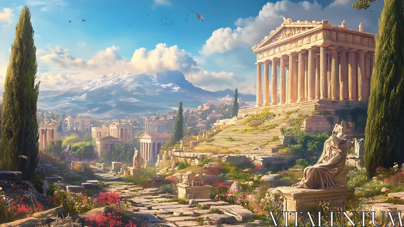 Sunlit ancient Greek temple ruins glow above a lush valley