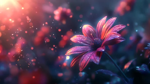 Glowing purple flower with bokeh light effects and particle glow.