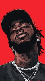 Vector portrait of hip-hop figure against saturated red ground