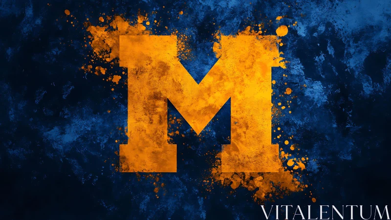 Monolithic letterform M with high contrast pigment splatter field.