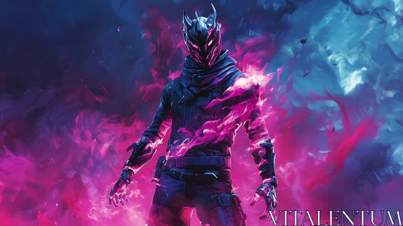 Neon flame warrior rising between electric night skies.