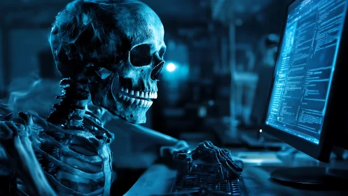 Cyberpunk skeleton coder locked to glowing monitor in blue light.