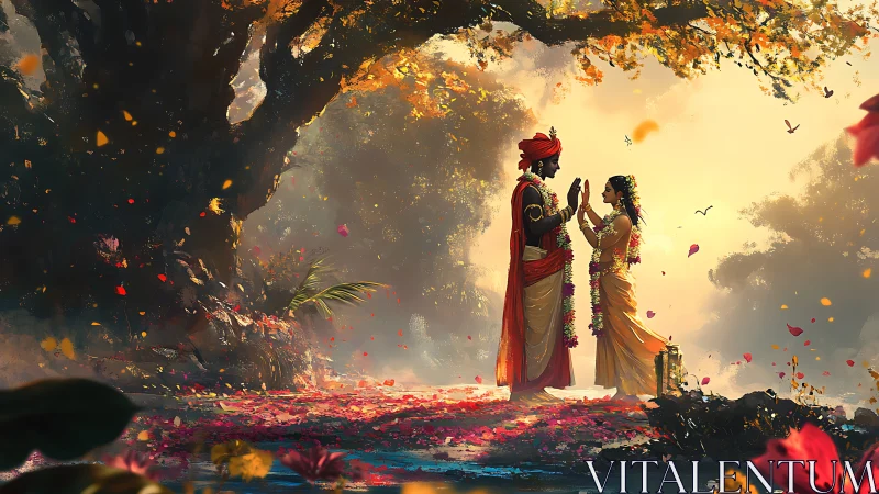 Digital painting of sacred forest wedding under golden canopy.