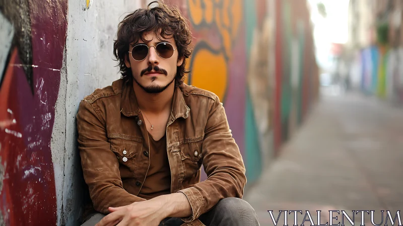 Urban portrait captures man in suede jacket against graffiti alley wall